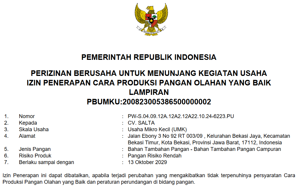 Dokumen Nomor Induk Berusaha NIB Green Preservo
